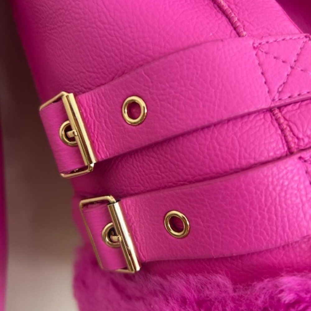 Generation Love Dion Hot Pink Faux Fur Shearling Zip Buckle Moto Jacket NWT XS - Picture 7 of 16